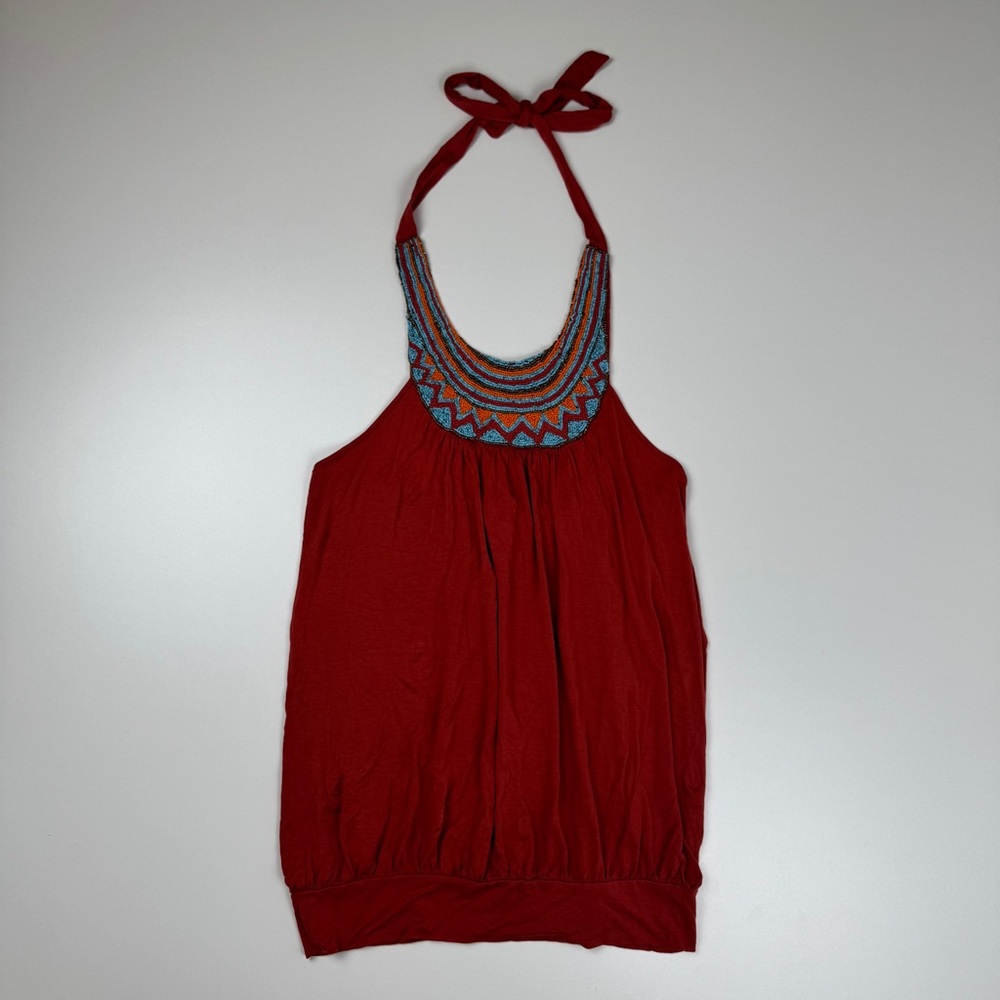 Vintage Y2K Twenty One Beaded Halter Top Micro Mini Dress Size Small Boho Fairy - Picture 2 of 11